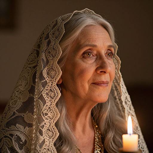 Photograph of an elderly woman with gray hair, wearing a lace veil, illuminated by a candle, with a serene expression.