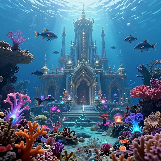 Digital artwork of a glowing underwater cathedral surrounded by colorful corals, bioluminescent plants, and swimming fish, illuminated by sunlight from above.