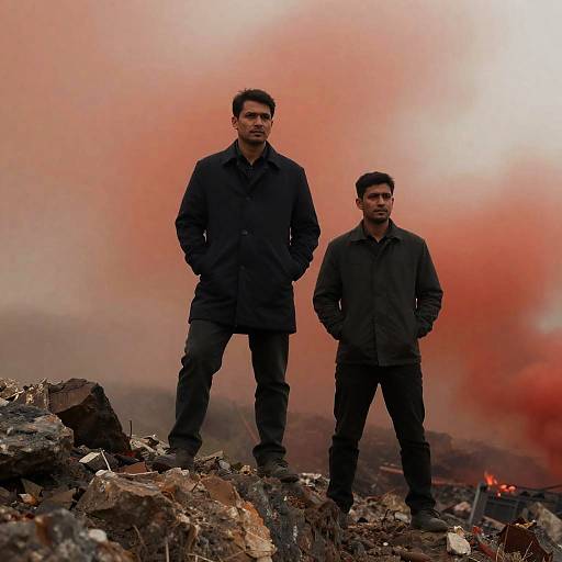 Men on Rocky Hill with Smoky Background