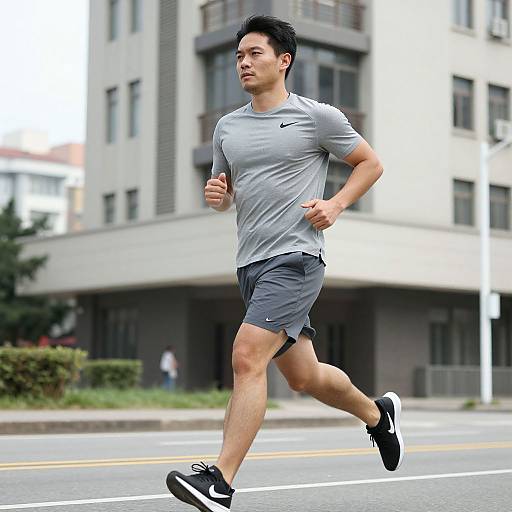 Photograph of an Asian man in a gray Nike shirt and gray shorts jogging on a city street, buildings in the background.