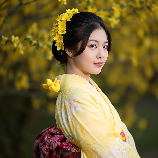 Woman in Kimono with Yellow Jasmine