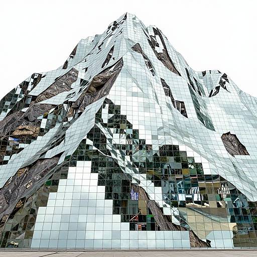 Photograph of a modern building facade with a reflective glass exterior, capturing a fragmented image of a rugged, snow-capped mountain.