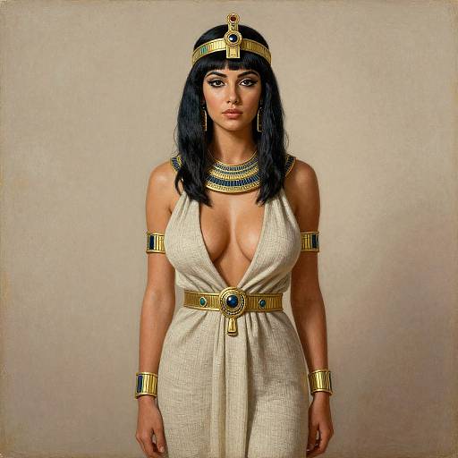 Digital artwork of a woman with dark hair, wearing an ancient Egyptian-style headdress, deep V-neck white dress, gold jewelry, and a belt,