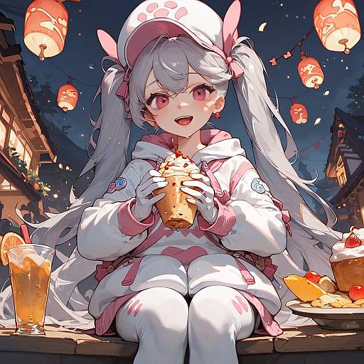 Anime-style digital drawing of a cute girl with long silver hair, pink eyes, and bunny ears, sipping boba tea at night, surrounded by