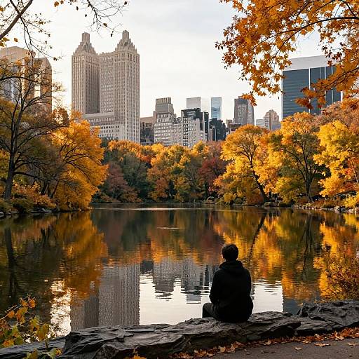 Photograph of a person in a black coat sitting on a rock by a reflective lake, surrounded by autumn-colored trees, with a city skyline featuring tall