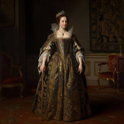 Photograph of a woman in an elaborate, gold-embroidered Renaissance-style gown with lace collar, crown, standing in a dimly lit,