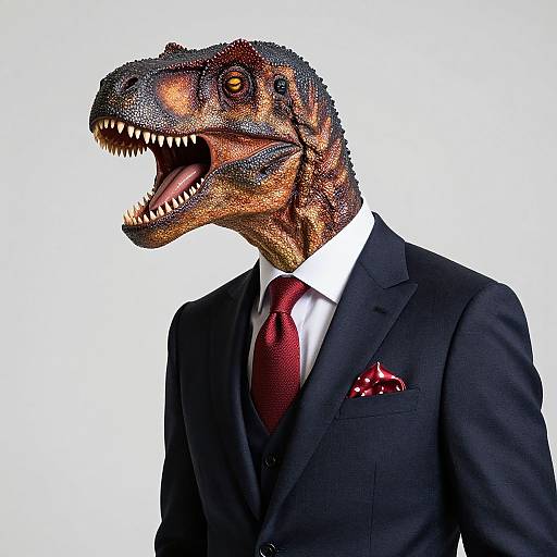 Photograph of a velociraptor head wearing a black suit, white shirt, red tie, and red pocket square, against a white background.