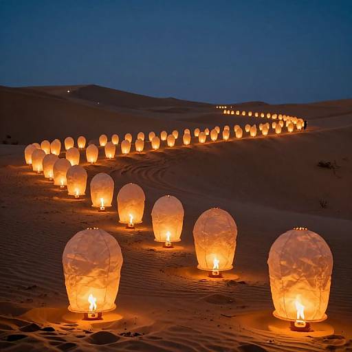 Photograph of a nighttime desert scene with a long row of glowing, orange-lit paper lanterns arranged in a line across sandy dunes.