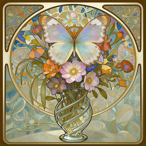 Stylized digital artwork of a glass vase with vibrant flowers and a large, glowing blue butterfly, set against a circular, ornate patterned background