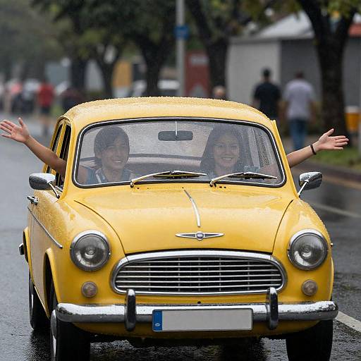 Smiling Couple in Yellow Vintage Car