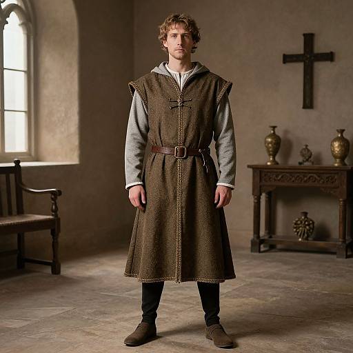 Photograph of a young man with curly brown hair, wearing a medieval brown tunic over a gray shirt, standing in a dimly lit, medieval