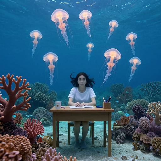 Photograph of an Asian woman with black hair, wearing a white shirt, underwater, sitting at a wooden table surrounded by coral and jellyfish, with