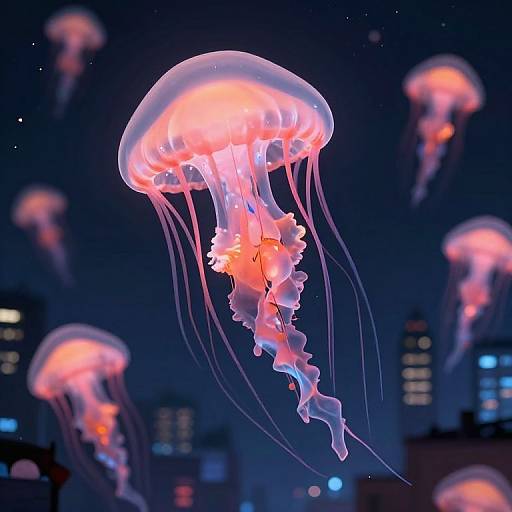 Photograph of glowing pink and orange jellyfish with translucent bodies and long, flowing tentacles, floating in a dark, starry ocean, with blurred