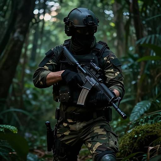Photograph of a camo-clad, helmeted soldier with black mask, gloves, and tactical gear, holding a rifle, in a dense,