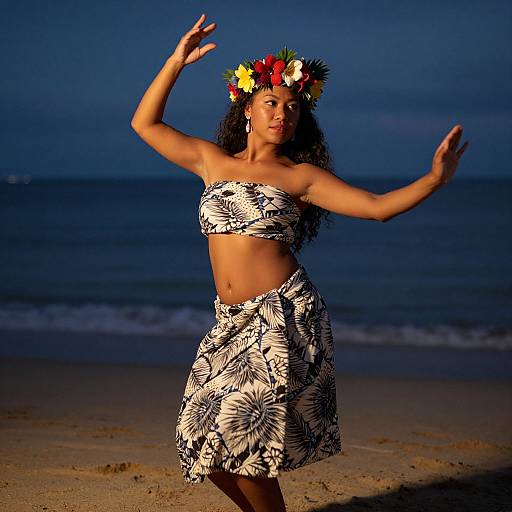 Photograph of a dark-skinned woman with curly hair, wearing a floral head lei, black-and-white floral halter top and skirt, dancing on