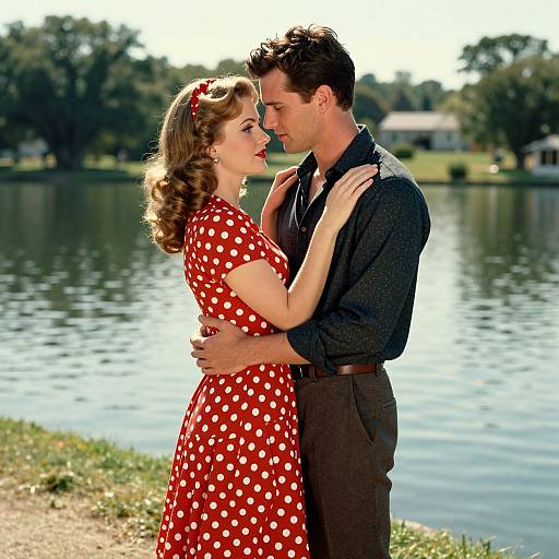 Photograph of a 1950s-style couple, man in dark shirt and brown pants, woman in red polka dot dress, embracing by a