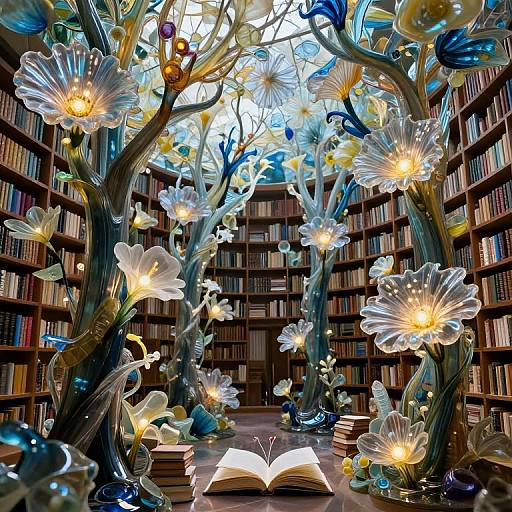 Photograph of a whimsical library with glowing, glass flower trees surrounding wooden bookshelves, an open book on the floor, and colorful glass ornaments