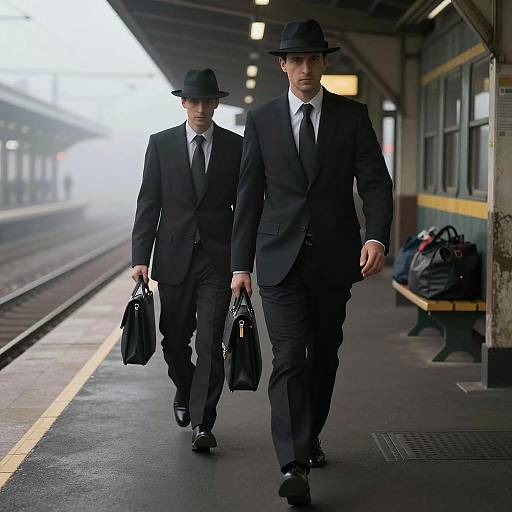 Two Men in Suits Walking on Foggy Train Platform