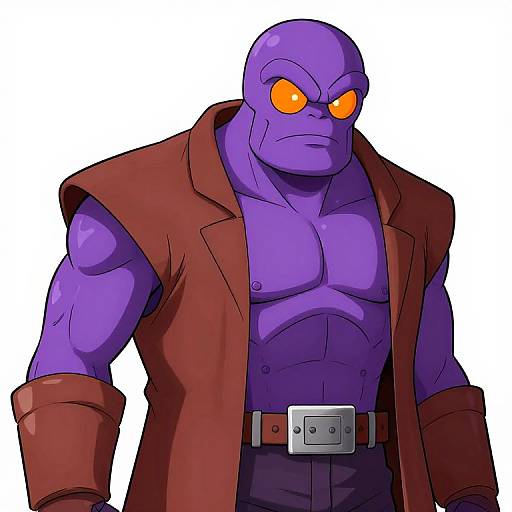 Digital drawing of a muscular, purple-skinned, bald man with glowing orange eyes, wearing an open red jacket and brown belt.