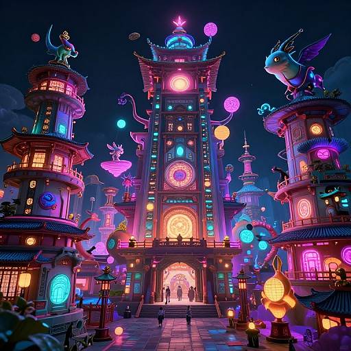 Vibrant neon-lit fantasy castle with glowing orbs, mythical creatures, and colorful lights, set against a dark, starry night sky. Digital