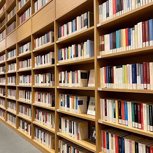 Photograph of a large, wooden bookshelf filled with colorful books, neatly organized on multiple levels, in a bright library setting.
