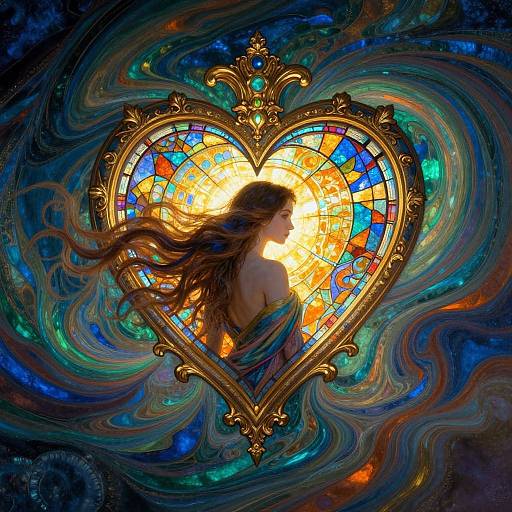 Digital art: Silhouetted woman with flowing hair inside a glowing, ornate heart stained glass, surrounded by swirling, cosmic blues and greens.