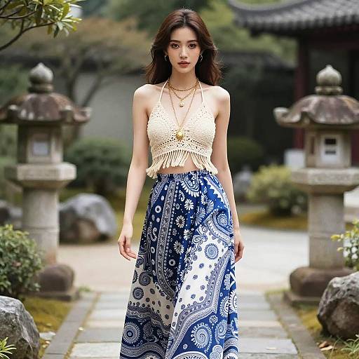 Photograph of an Asian woman with long brown hair, wearing a white fringed crop top and blue patterned high-waist skirt, standing in