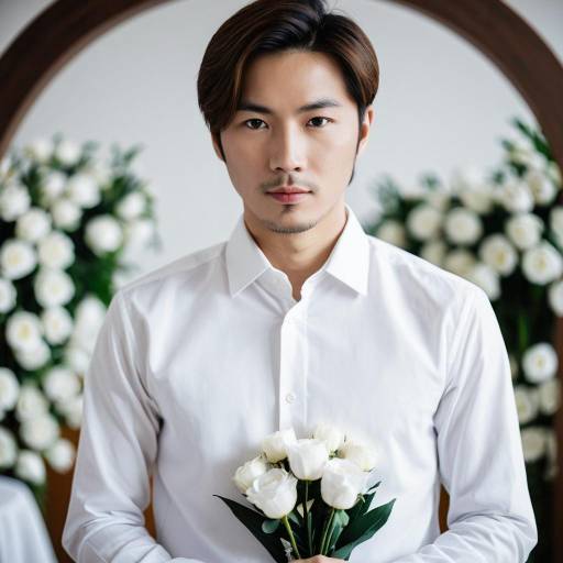 Asian Man Holding White Roses at Wedding