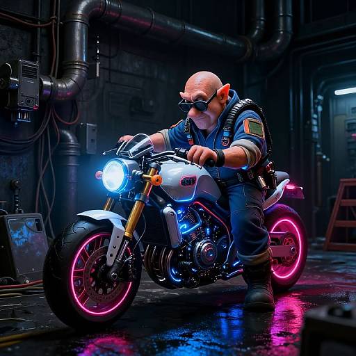 Digital artwork of a bald man in goggles and blue jacket, riding a neon-lit, white motorcycle in a dark, industrial setting.