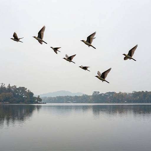 Photograph of seven geese flying in a V-formation over a calm, reflective lake with distant trees and misty hills.