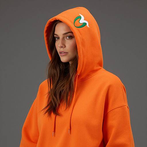 Woman in Orange Hoodie with Green and White Design
