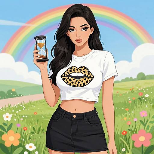 Digital illustration of a beautiful woman with long black hair, wearing a white crop top with leopard print and black skirt, holding a phone, against a colorful