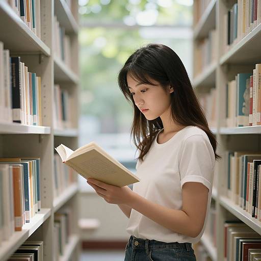Asian woman with long black hair, wearing white t-shirt and blue jeans, reads book in sunlit library aisle. Shelves of books fill background.