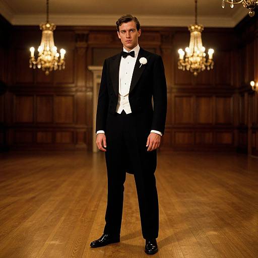 Photograph of a handsome man in a black tuxedo with white shirt and bow tie, standing in an elegant, dimly lit ballroom with