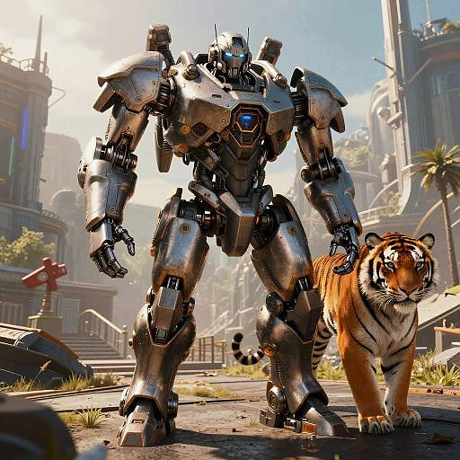 Futuristic Robot and Tiger in Sci-Fi City