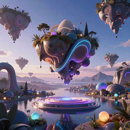 Dreamy, surreal CGI landscape with floating, glowing islands, neon-lit waterways, and vibrant, futuristic bioluminescent flora under a twilight