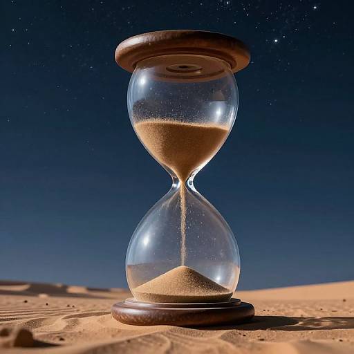 Photograph of a glass hourglass with sand flowing, set on a sandy desert surface under a starry night sky.
