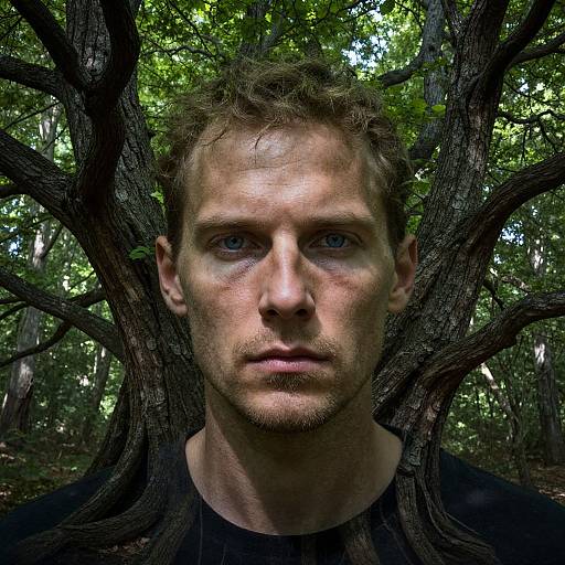 Photograph of a serious, blue-eyed, fair-skinned man with curly brown hair, standing against a backdrop of twisted, dark tree trunks in