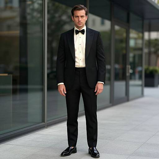 Photograph of a tall, handsome man in a black tuxedo with a white dress shirt and black bow tie, standing on a city sidewalk in