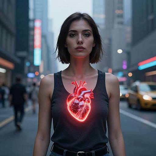 Photograph of a serious, short-haired woman in a black tank top with a glowing, neon heart on her chest, standing in a blurry, urban