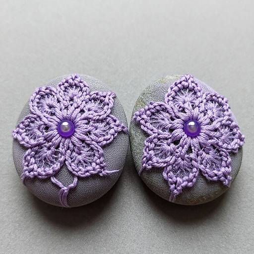 Photograph of two round, textured gray buttons adorned with intricate, purple crochet flowers and central pearls, placed side by side on a white, textured surface