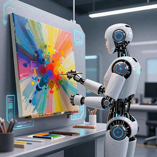 Photorealistic CGI of a white, humanoid robot with blue circular joints, painting a vibrant, abstract, digital splatter on an easel in a