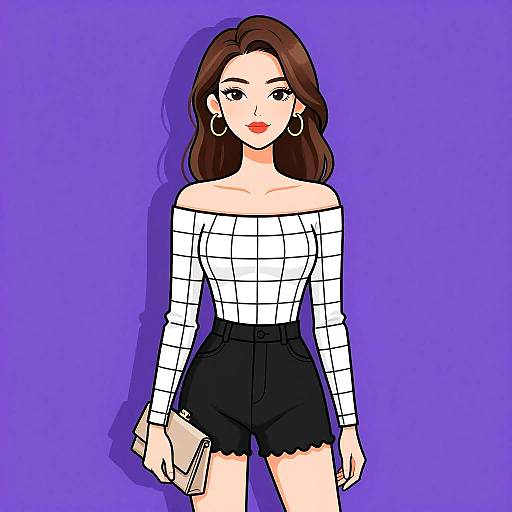 Chic Woman in Off-Shoulder Top and Black Shorts