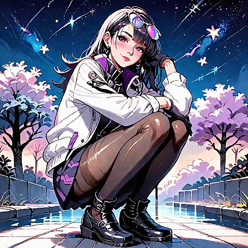 Seductive Anime Girl Under Starry Sky
