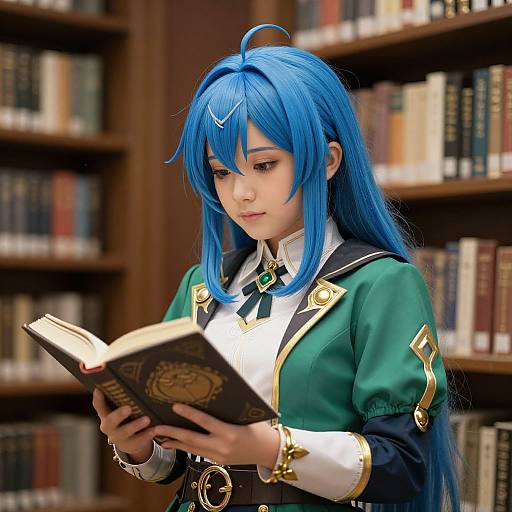 Anime Wizard Woman Reading in Library