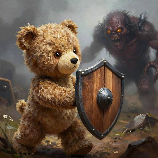Digital painting: Fluffy brown teddy bear with a wooden shield stands bravely against a menacing, snarling, glowing-eyed monster in a fog