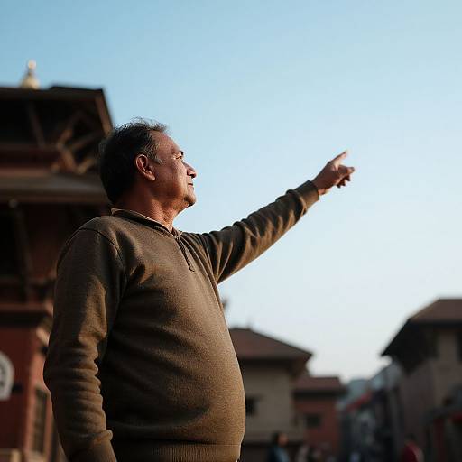 Photograph of a middle-aged man with short gray hair, wearing a brown sweater, standing outdoors, pointing into the distance with a clear blue sky background