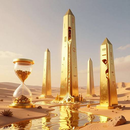 Digital illustration of a golden desert scene with four tall, illuminated obelisks and a glowing hourglass filled with sand, reflecting in a water pool.