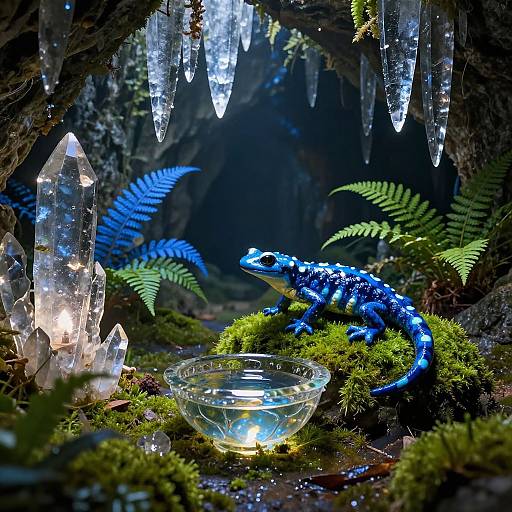 Magical cave scene with glowing blue dragon, crystal, illuminated water bowl, and icicles; surrounded by green moss and ferns. Photographic realism