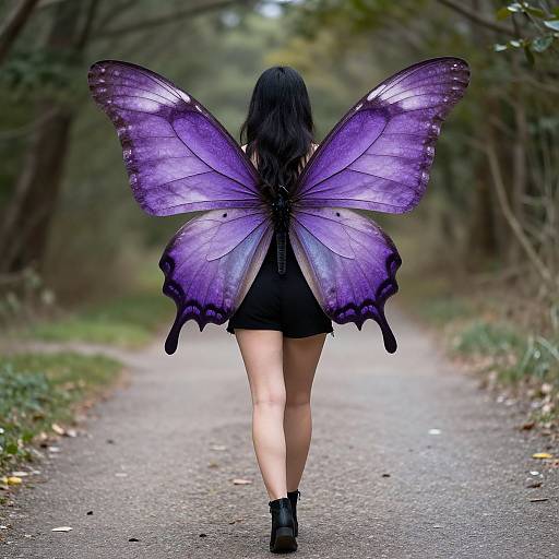 Photograph of a woman with long black hair, wearing black shorts and ankle boots, walking down a forest path with large, vibrant purple butterfly wings.